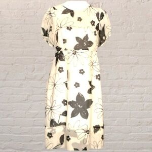Sandra Angelozzi SILK unique ivory/cream tea length dress black floral sz 6